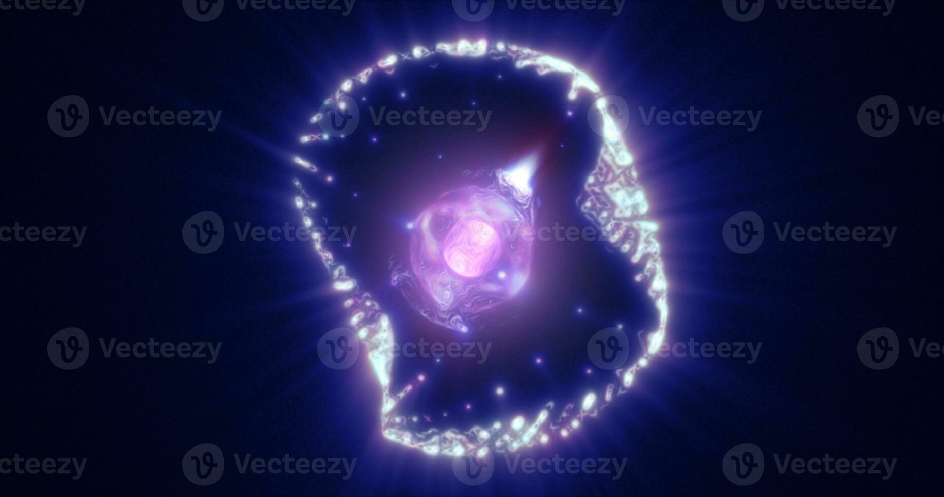 Abstract purple energy sphere with flying glowing bright particles, science futuristic atom with electrons hi-tech background photo