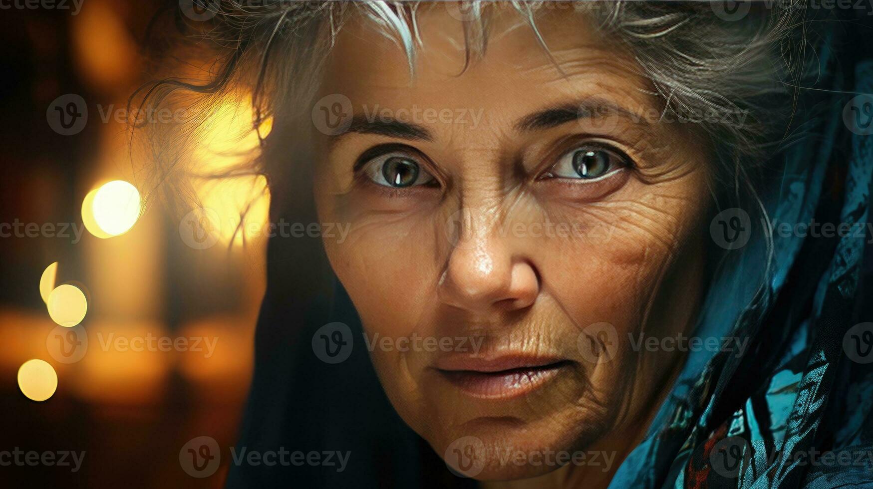 AI generated Old woman's face close up, sad tired elderly woman AI generated image photo