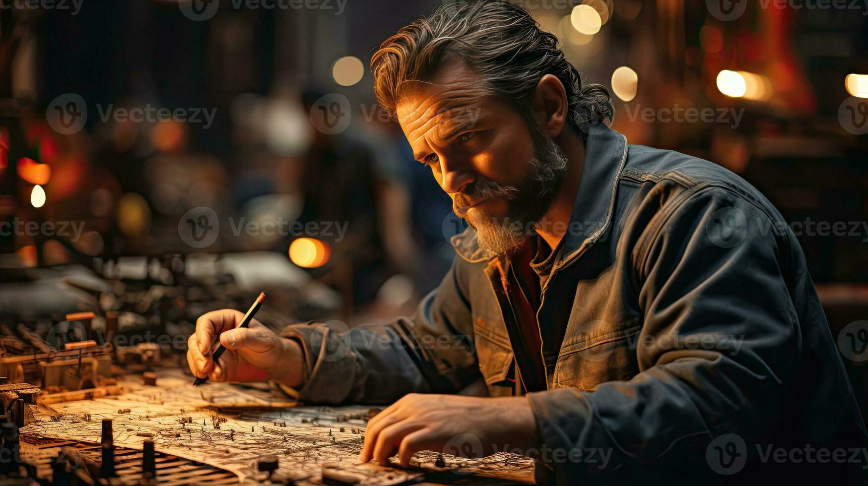 AI generated Worker engineer works with drawings and equipment thinks analyzes, concept engineering construction and mental work AI generated image photo
