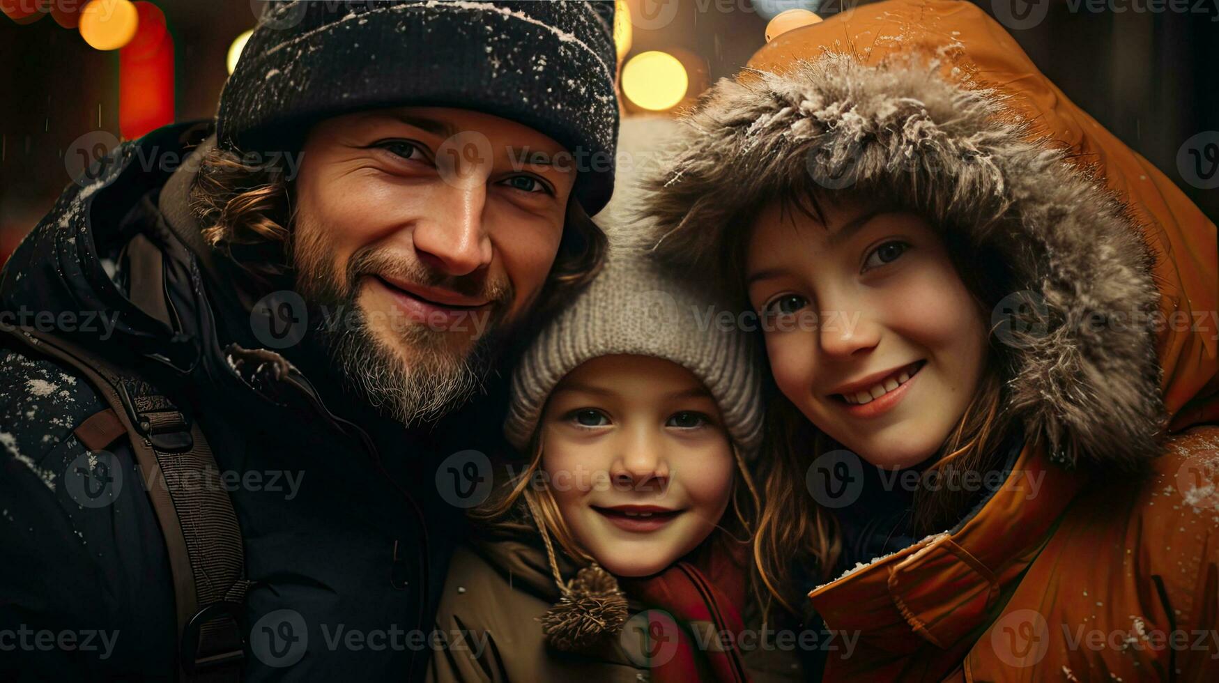 AI generated Happy family single father and children in warm hats smile and rejoice at winter and snow and New Year's Christmas miracle and beauty AI generated image photo