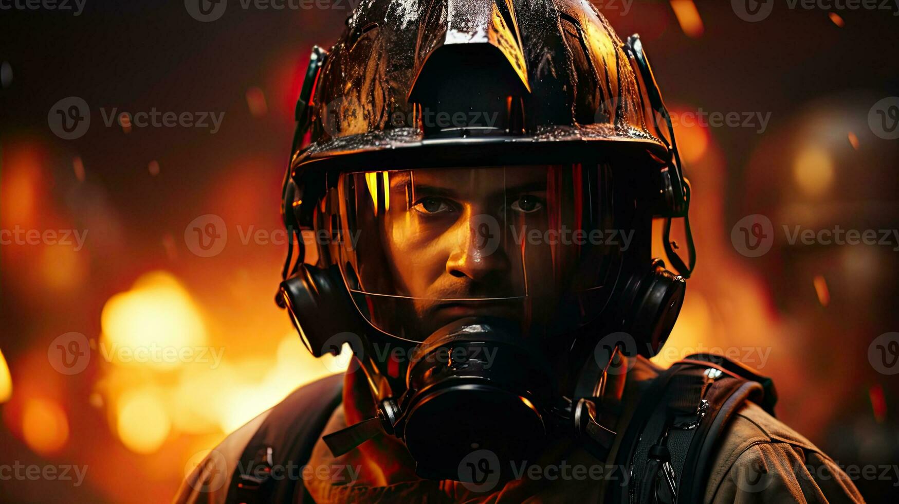 AI generated A fireman in a helmet, protective helmet and mask in a fireproof suit extinguishes a fire and saves people AI generated image photo