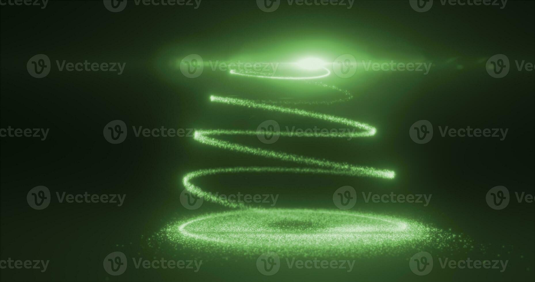 Abstract green flying line of dots and luminous particles of energetic magical bright spirals in the shape of a Christmas New Year tree photo