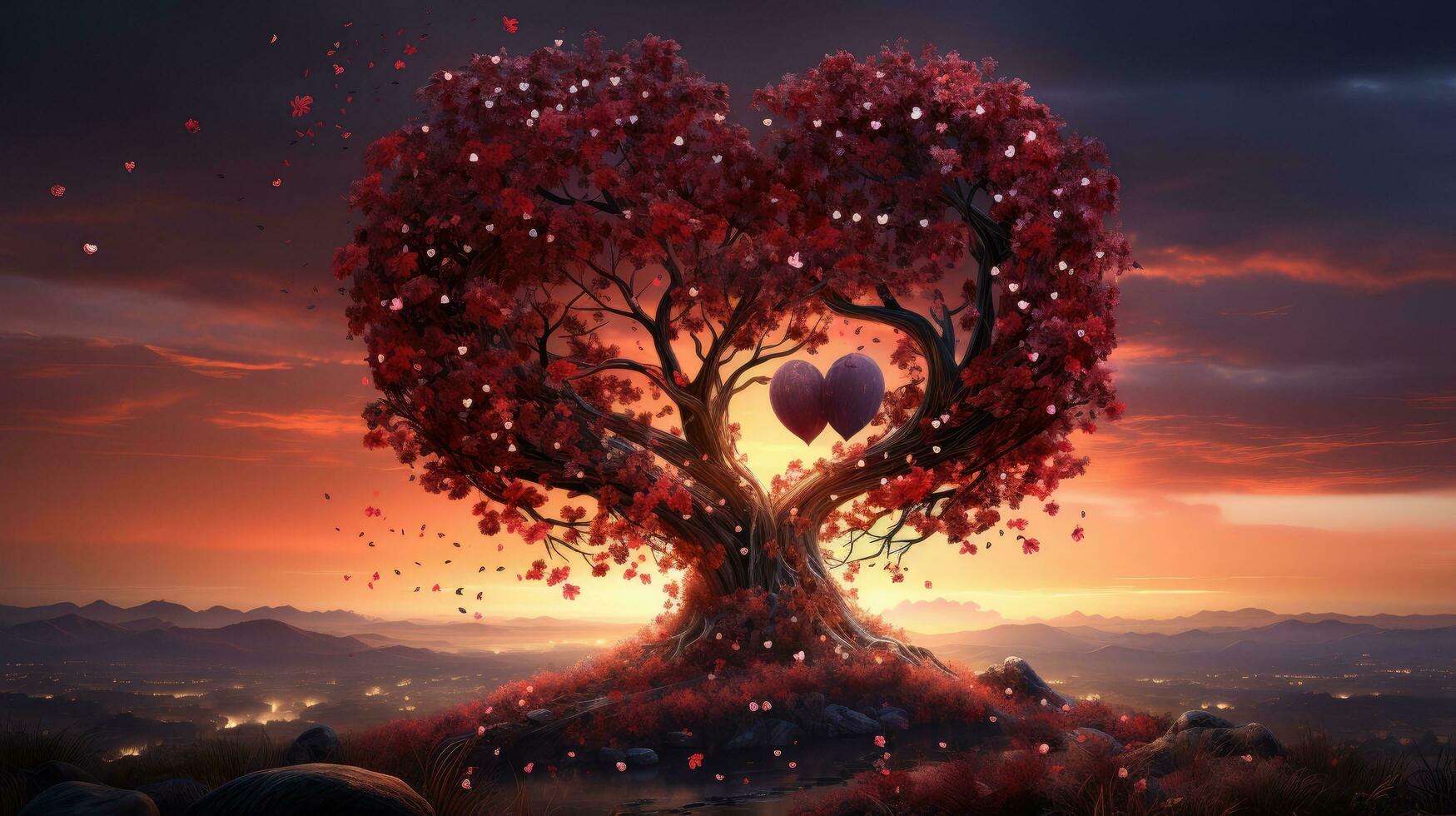 AI generated Red heart-shaped tree and pink heart leaves at a romantic sunset for Valentine's Day photo