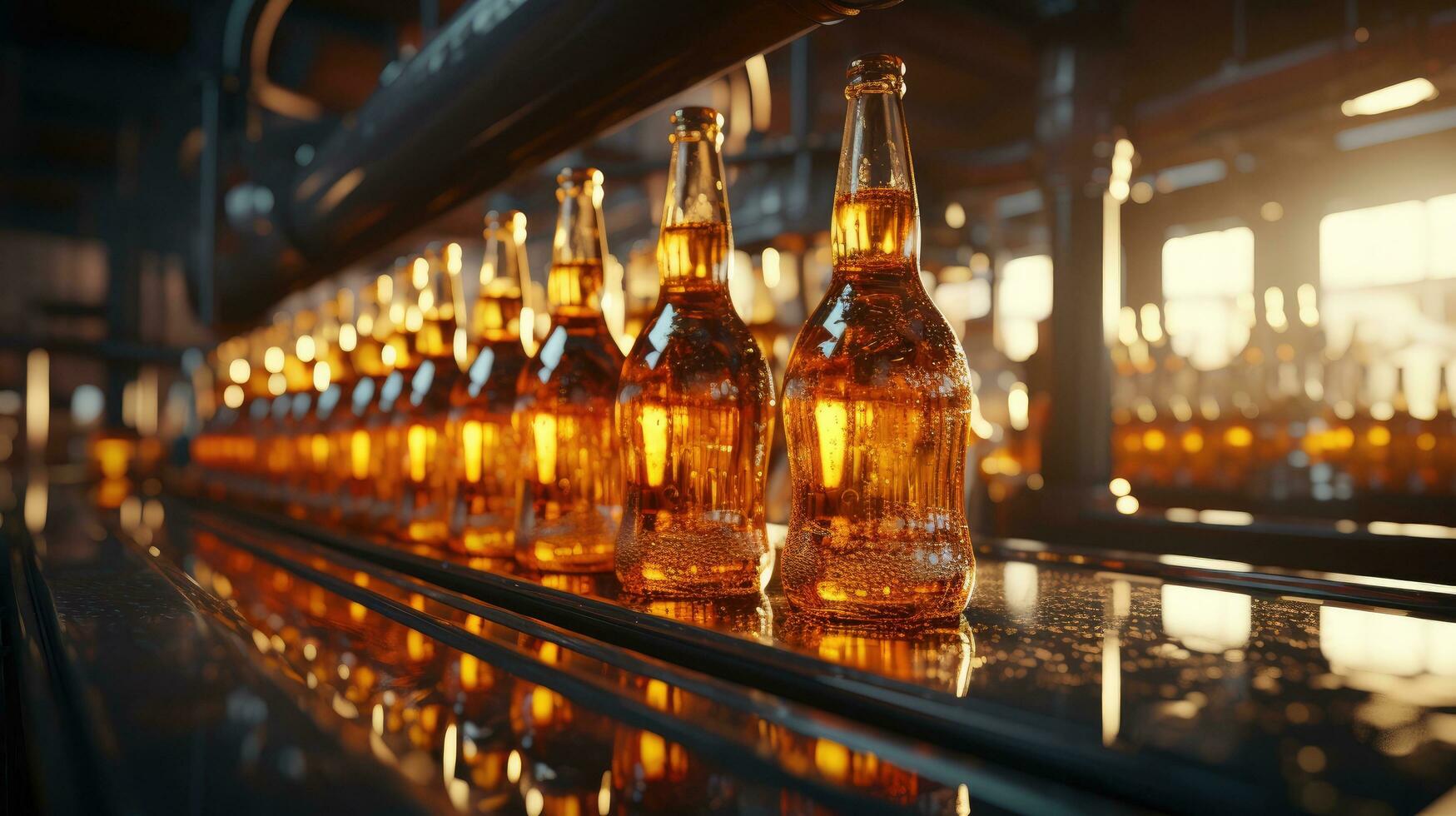 AI generated Glass beer bottles on a bottling conveyor line in a beverage brewery photo