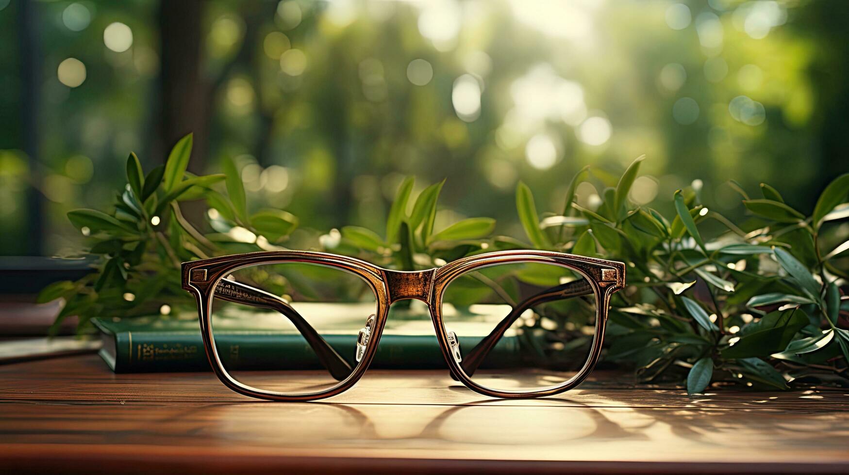 ai generado lentes para leyendo libros en un mesa en contra un antecedentes de verde natural hojas en un natural antecedentes foto