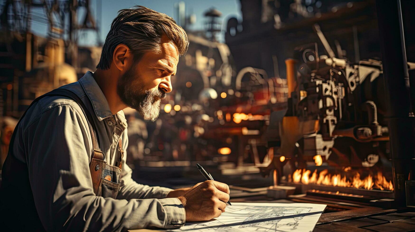 AI generated Worker engineer works with drawings and equipment thinks analyzes, concept engineering construction and mental work photo