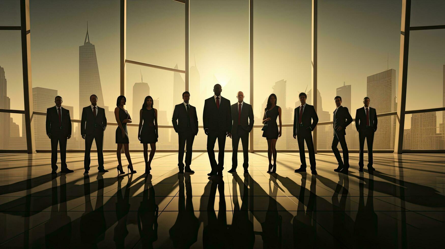 AI generated Silhouettes of people, businessmen, financiers, executives against the background of a panoramic window of a glass skyscraper in the office photo