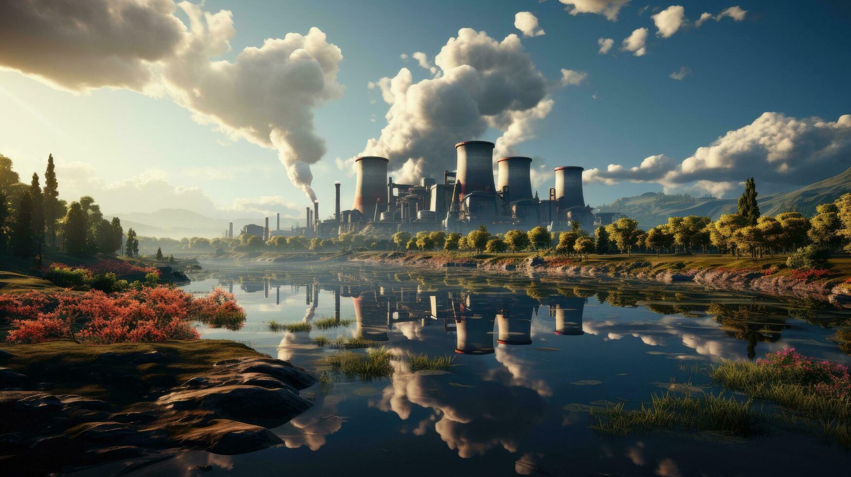 AI generated Industrial nuclear power plant with large pipes cooling towers, power equipment, nuclear clean energy photo