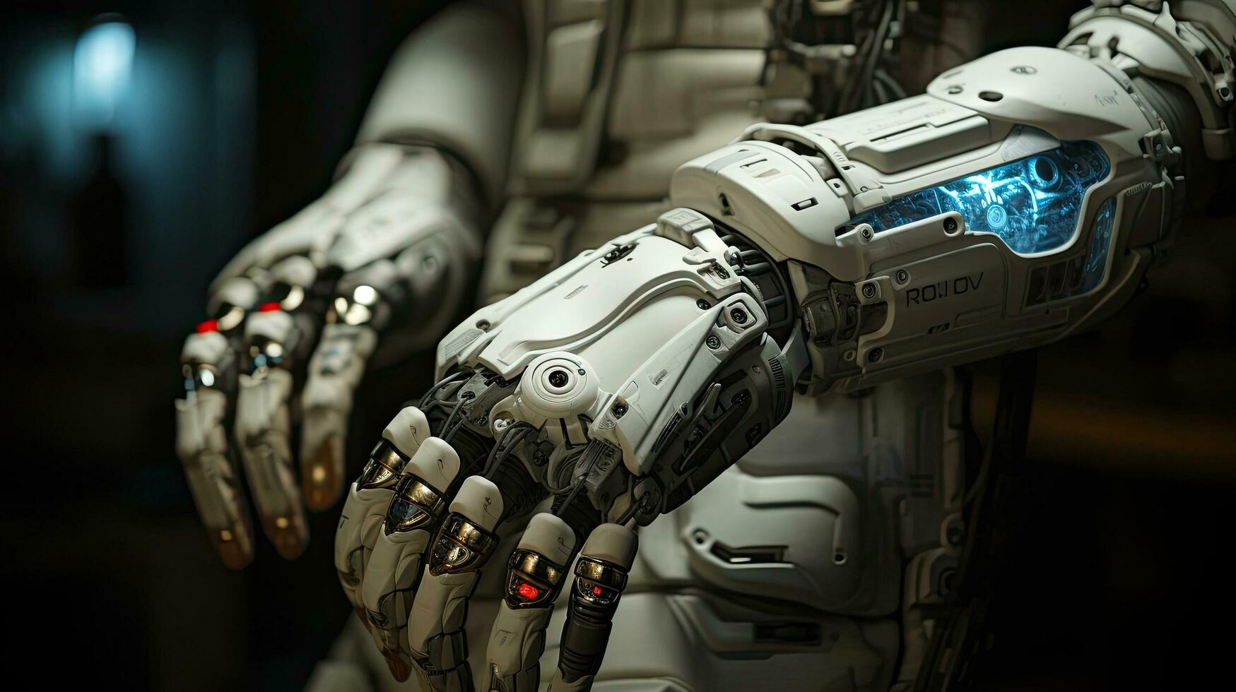 AI generated Modern high-tech medical cybernetic bionic hand prostheses, artificial substitutes for damaged or missing upper limbs. photo