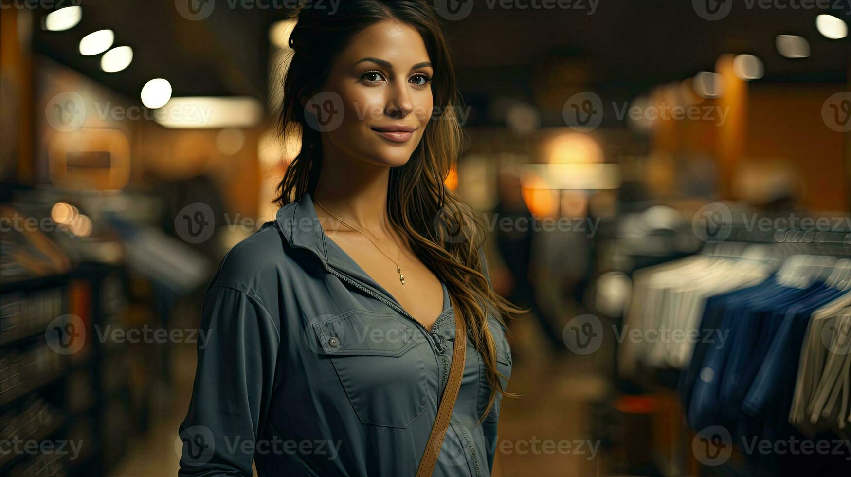 AI generated Beautiful young woman in stylish clothes among stands with fashionable clothes in a boutique store, shopping concept photo
