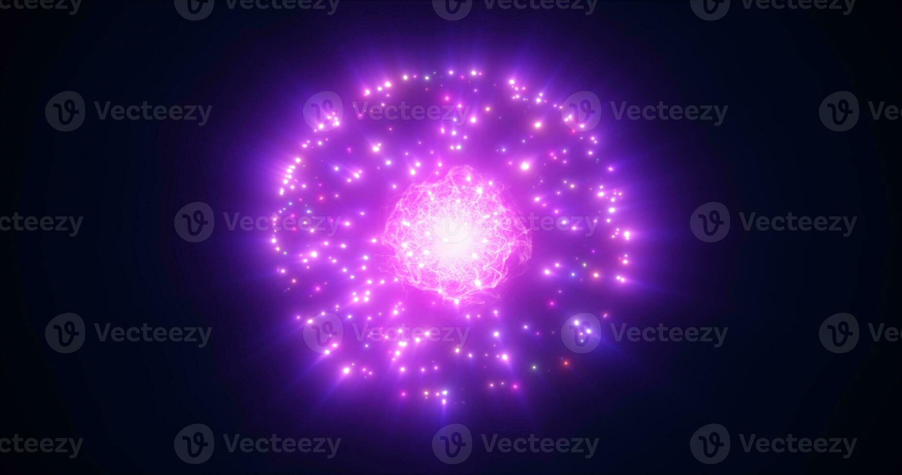 Abstract energy magic purple sphere ball atom round molecule made of glowing bright electric electrons small round particles flying dots on black background photo