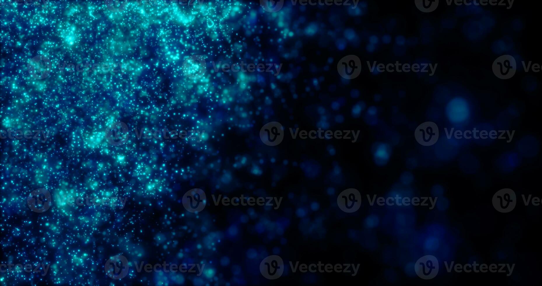 Blurred blue abstract background of bokeh and small round particles of energy magical holiday flying dots on a black background photo