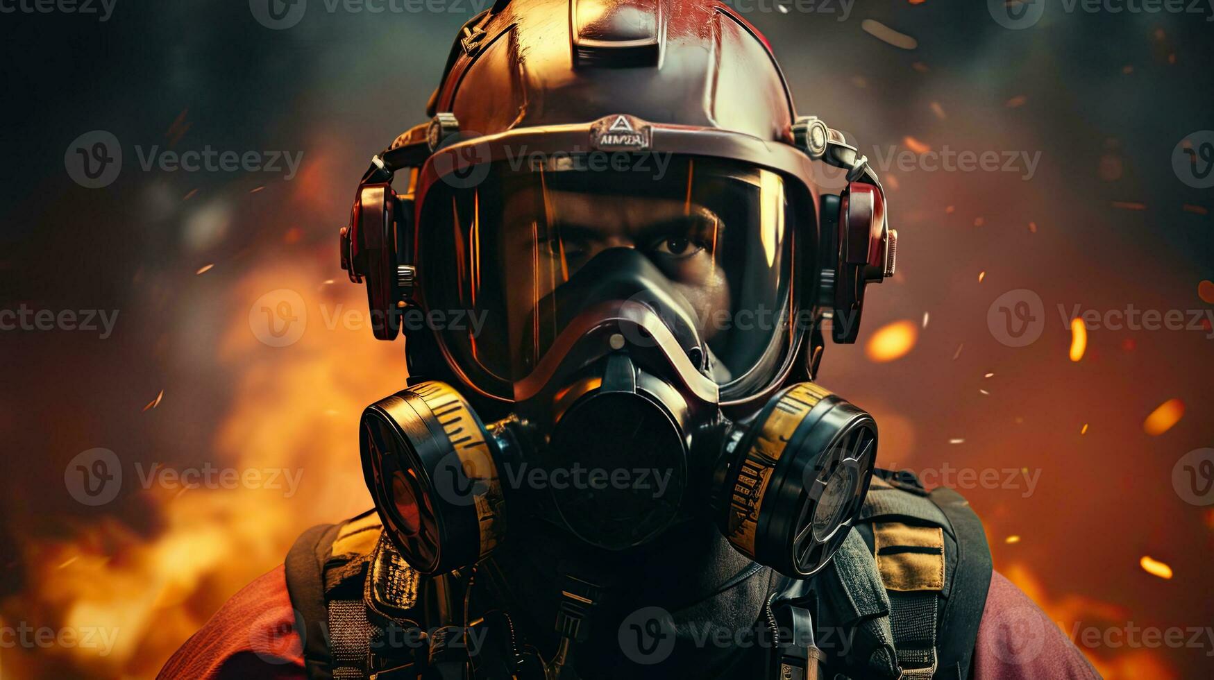 AI generated A fireman in a helmet, protective helmet and mask in a fireproof suit extinguishes a fire and saves people photo