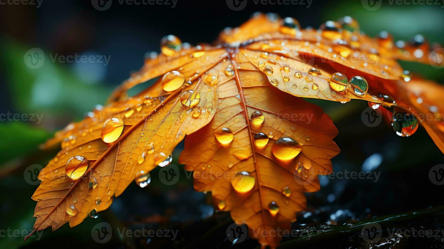 AI generated Raindrops of water on a yellow fallen autumn maple leaf, macro photography photo