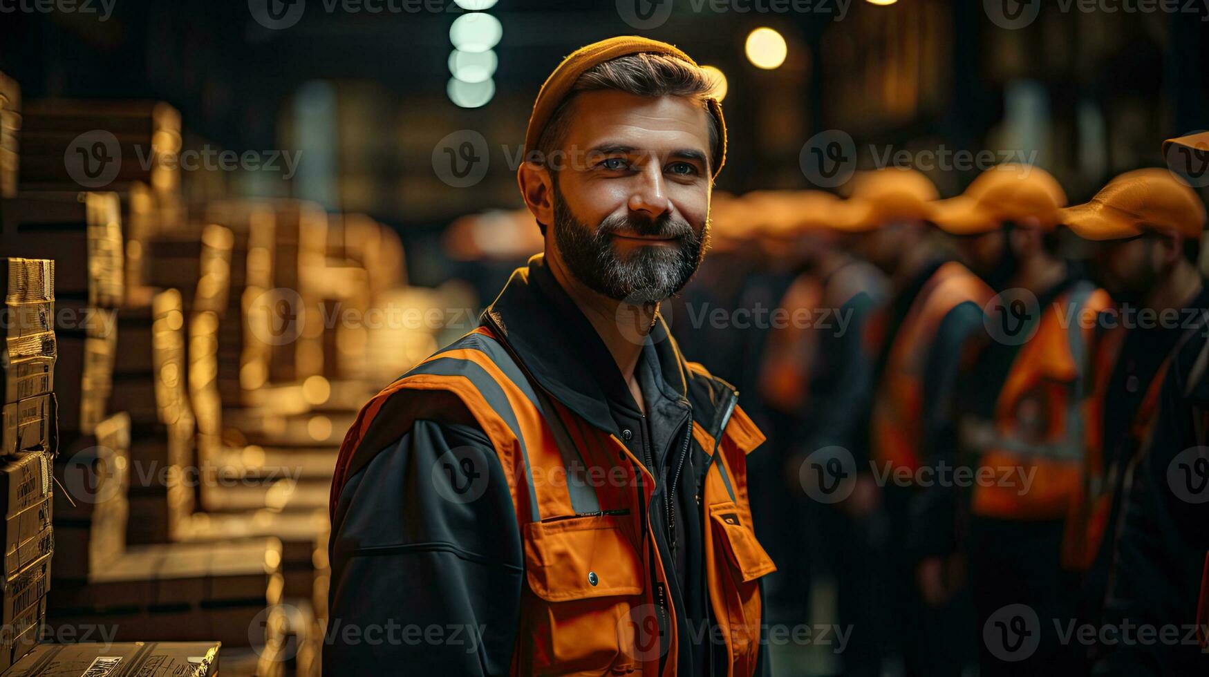 ai generado masculino trabajador almacenista en un grande almacén con mercado cajas para en línea comercio y entrega de bienes foto