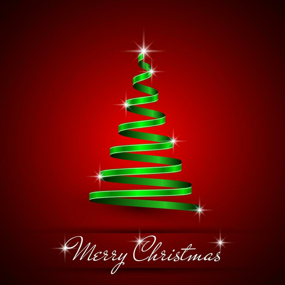 Christmas tree simple Red ribbon on green background vector