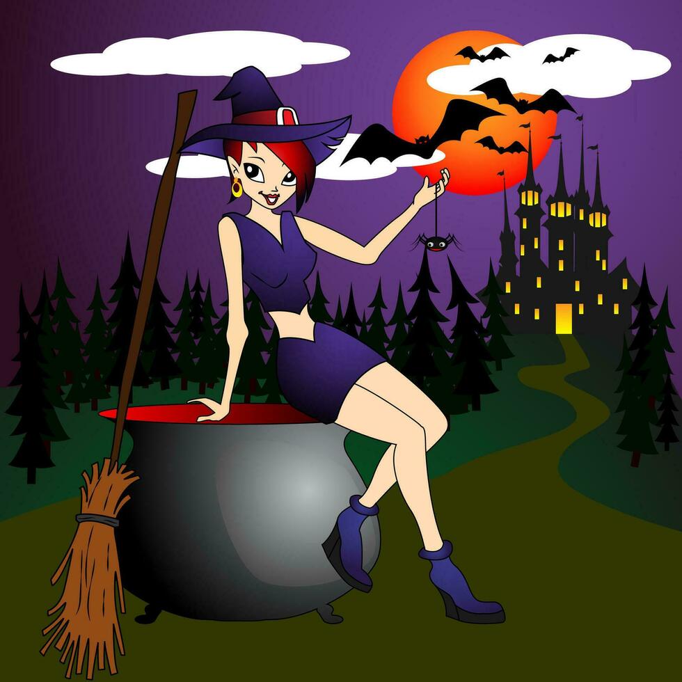 Vector Illustration of a Halloween Witch with a Broomstick