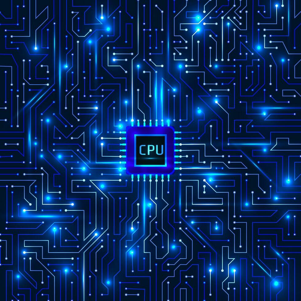 computadora procesador y tarjeta madre sistema chip. UPC chip electrónico circuito tablero con procesador vector ilustración