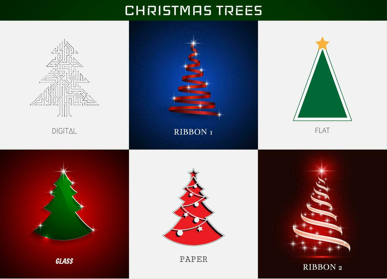 set of christmas trees digital, ribbon, flat, glass. vector