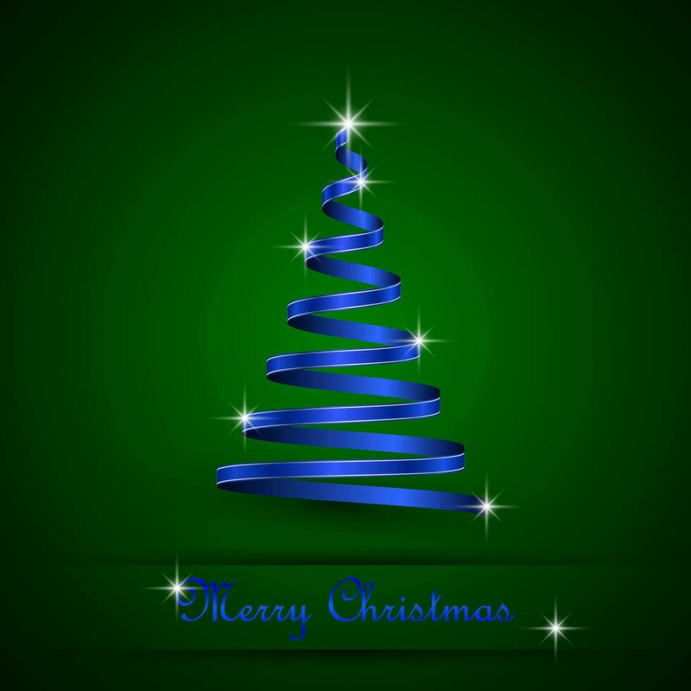 Blue Christmas ribbon tree on green background vector