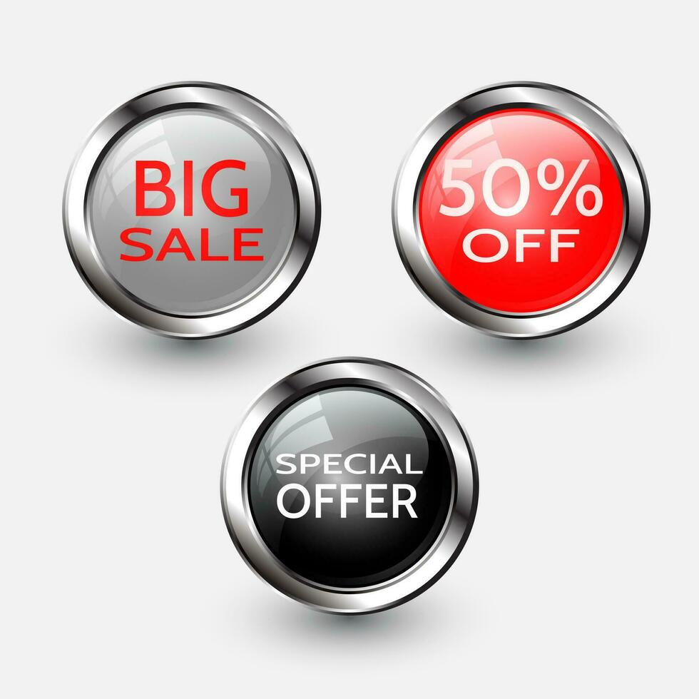 Set of glossy sale buttons or badges. Product promotions. Big sale, special offer, hot price. Vector