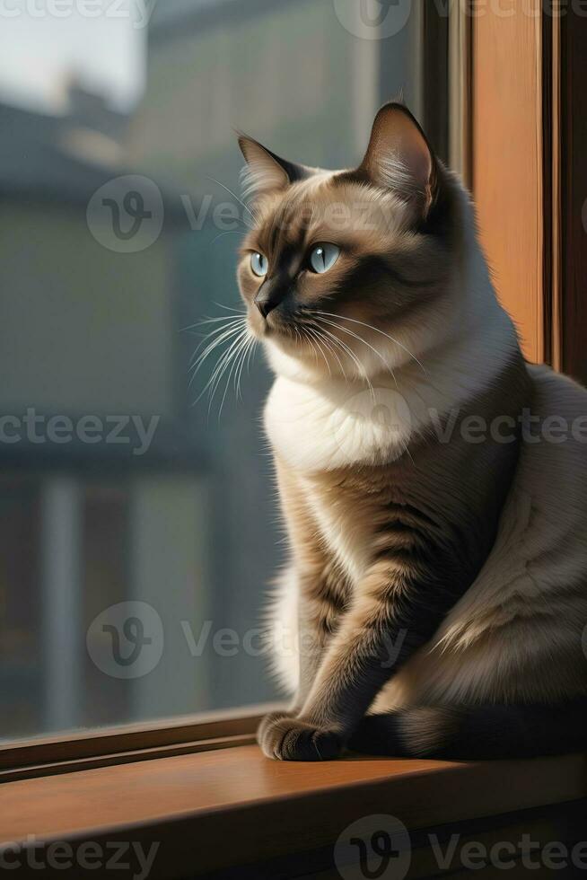 AI generated image of a cute cat seated on a windowsill photo
