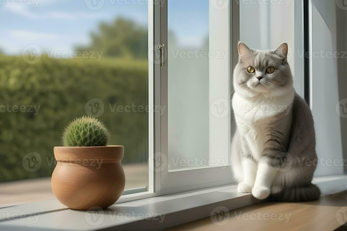 AI generated image of a cute cat seated on a windowsill photo