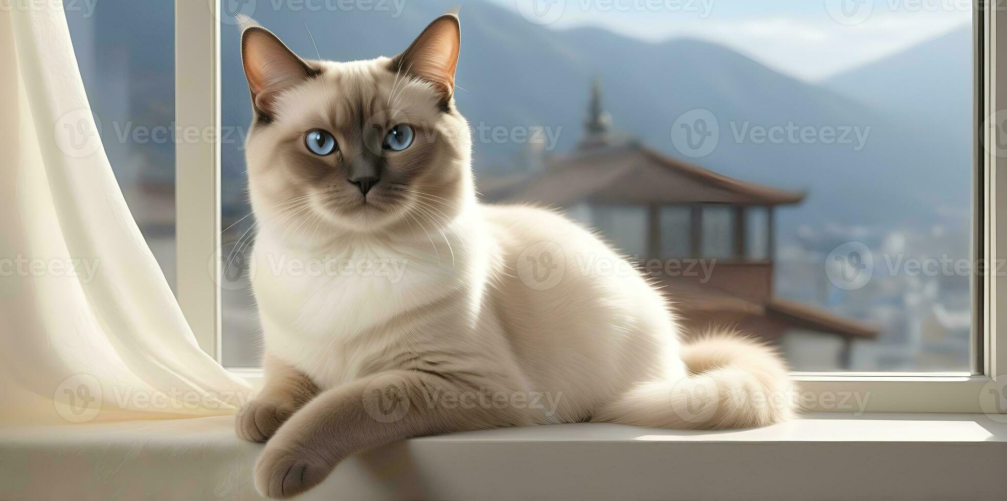 AI generated image of a cute cat seated on a windowsill photo