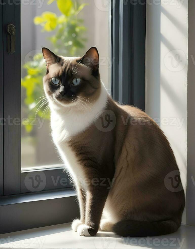 AI generated image of a cute cat seated on a windowsill photo