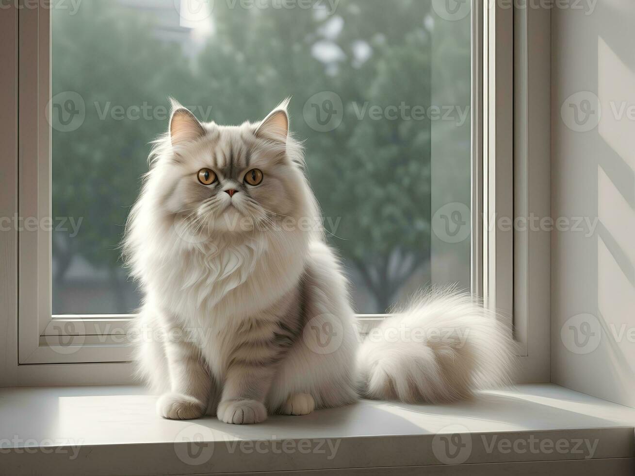 AI generated image of a cute cat seated on a windowsill photo