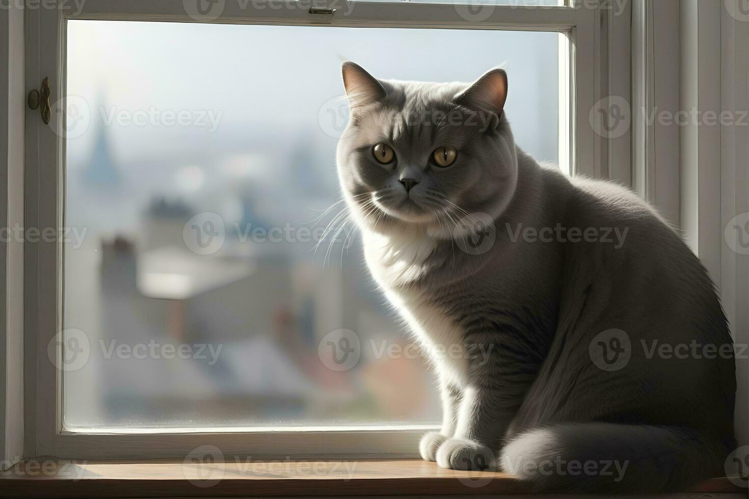 AI generated image of a cute cat seated on a windowsill photo