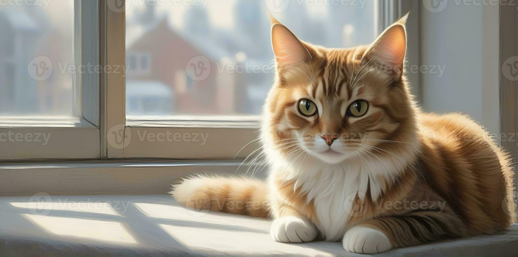 AI generated image of a cute cat seated on a windowsill photo