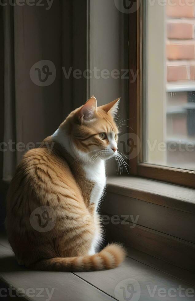 AI generated image of a cute cat seated on a windowsill photo