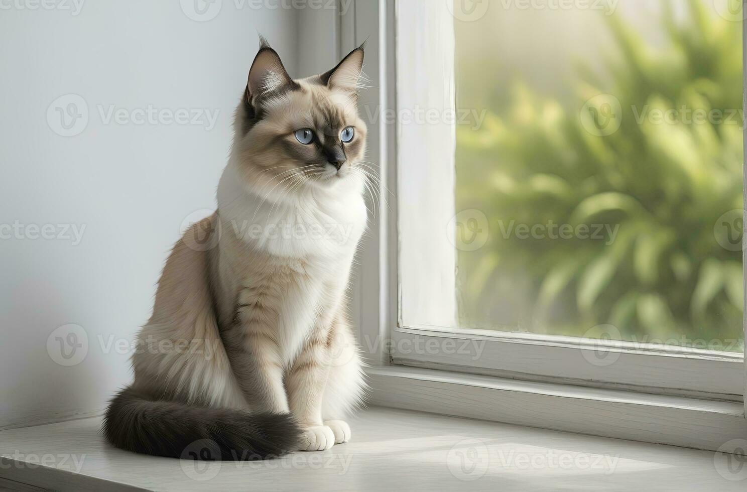 AI generated image of a cute cat seated on a windowsill photo