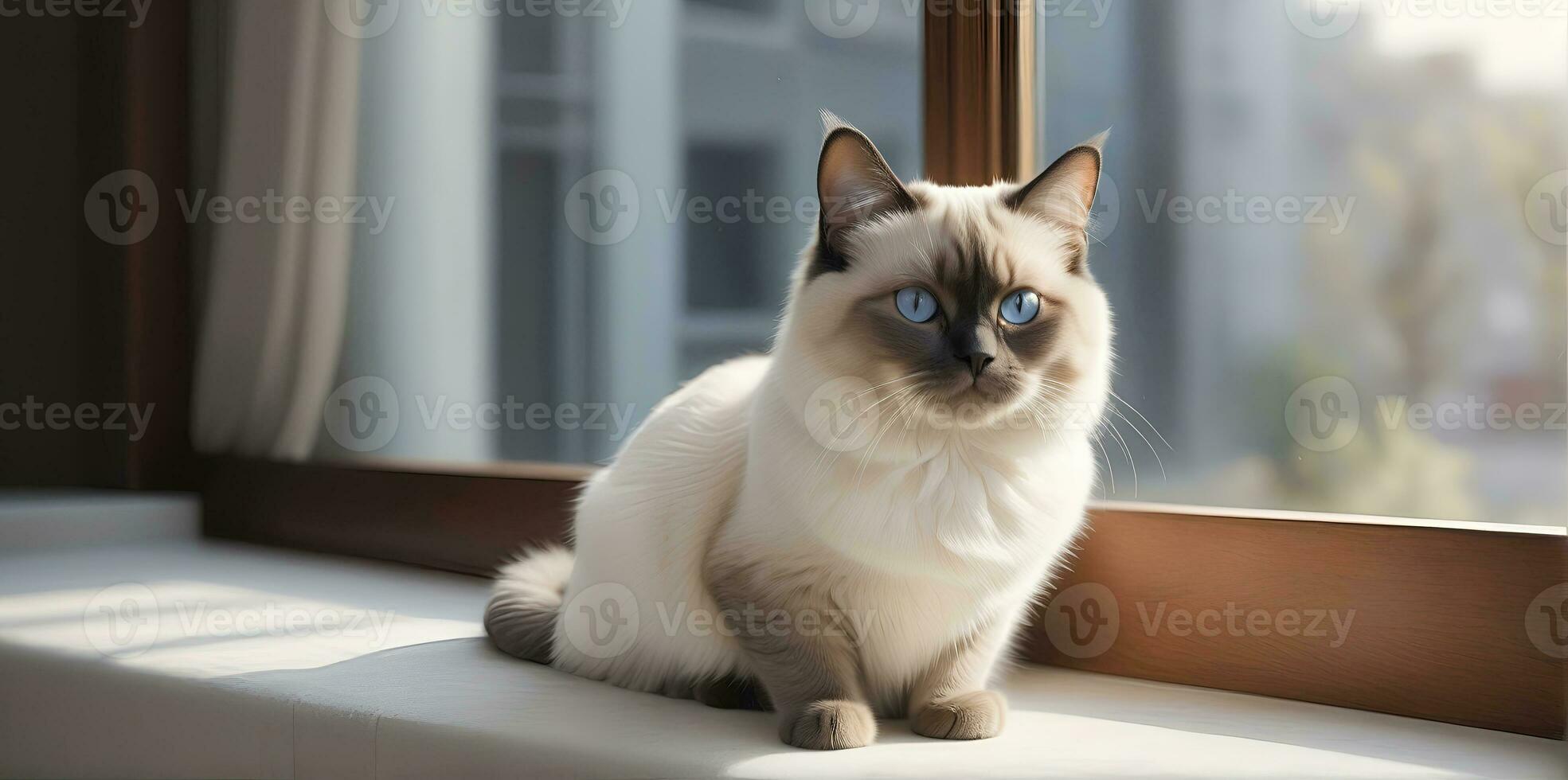 AI generated image of a cute cat seated on a windowsill photo