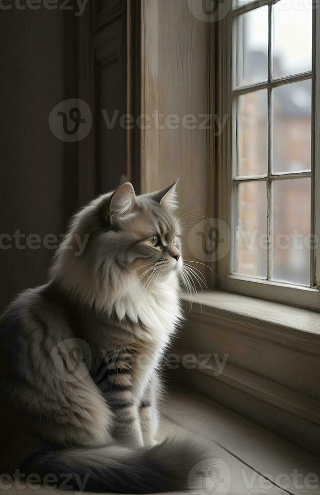 AI generated image of a cute cat seated on a windowsill photo