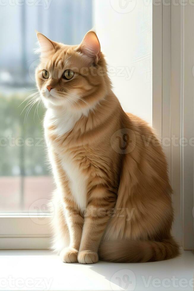 AI generated image of a cute cat seated on a windowsill photo