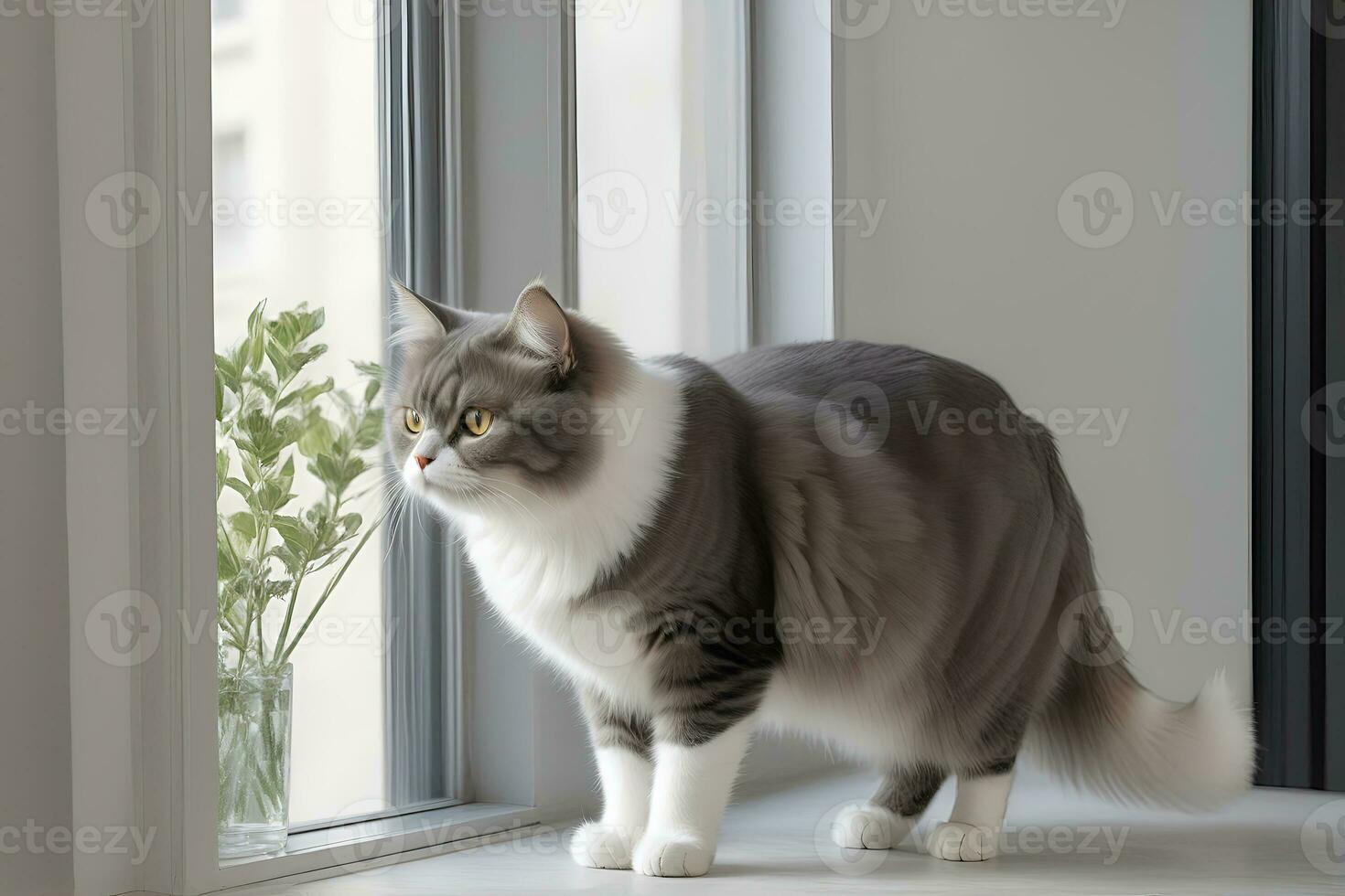 AI generated image of a cute cat seated on a windowsill photo