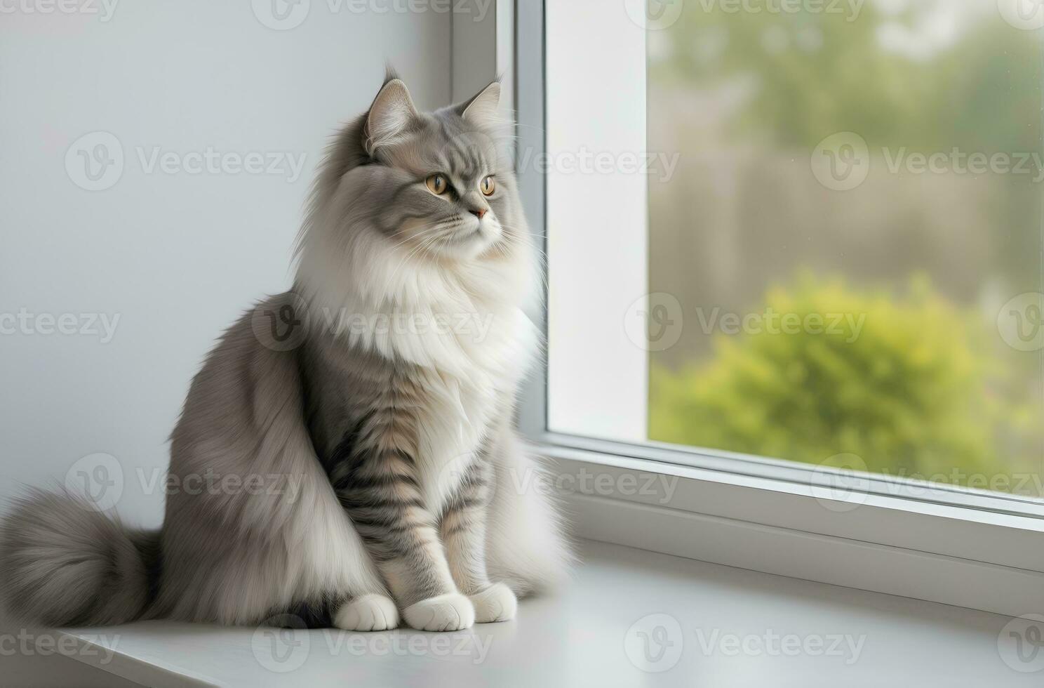 AI generated image of a cute cat seated on a windowsill photo