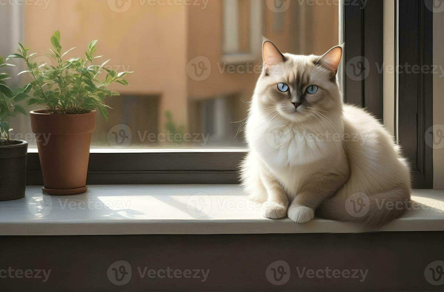 AI generated image of a cute cat seated on a windowsill photo
