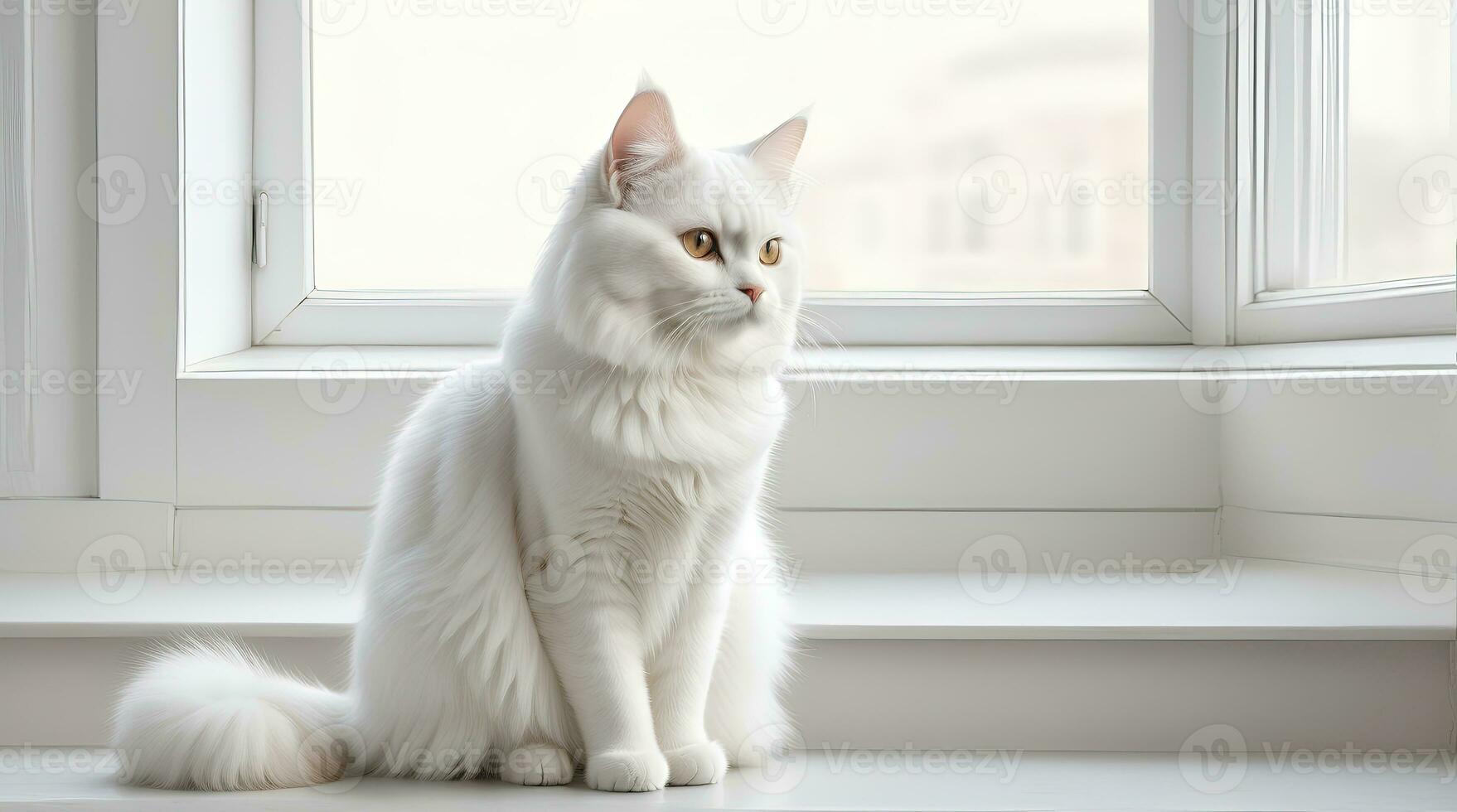 AI generated image of a cute cat seated on a windowsill photo