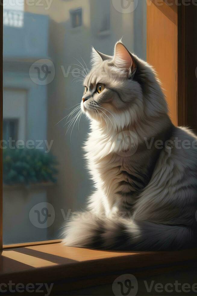 AI generated image of a cute cat seated on a windowsill photo