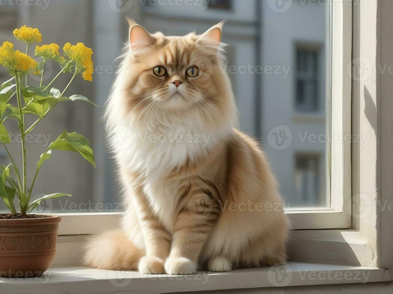 AI generated image of a cute cat seated on a windowsill photo