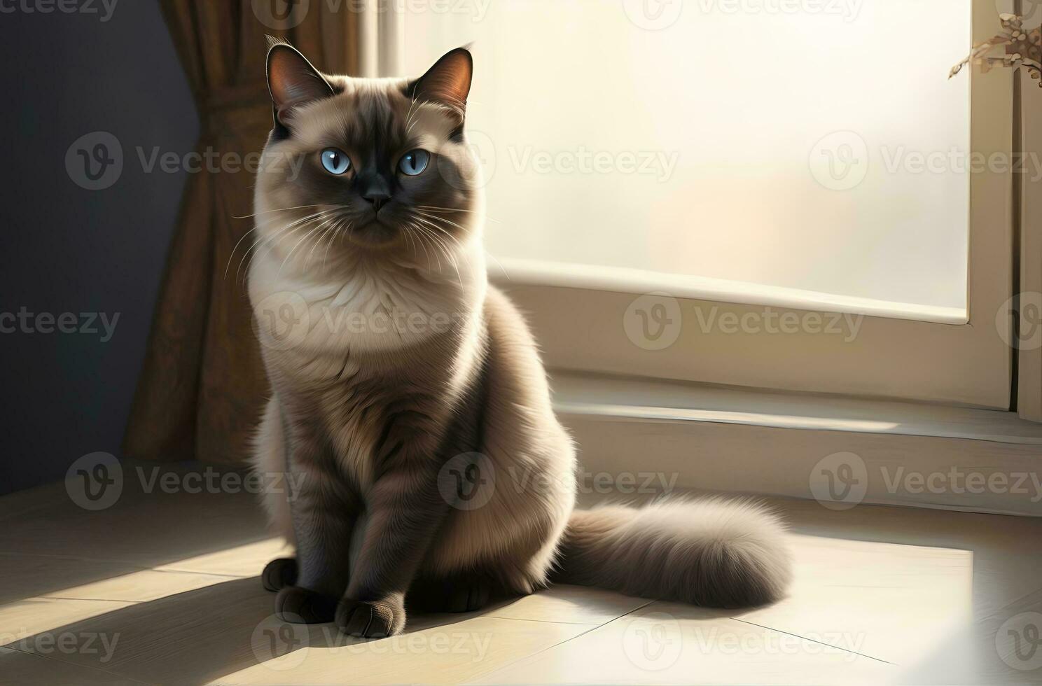 AI generated image of a cute cat seated on a windowsill photo