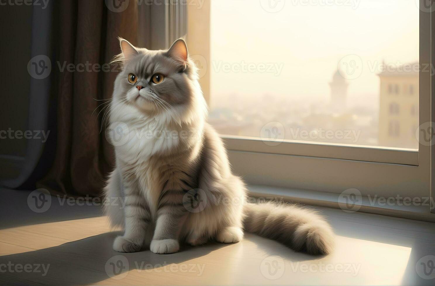 AI generated image of a cute cat seated on a windowsill photo