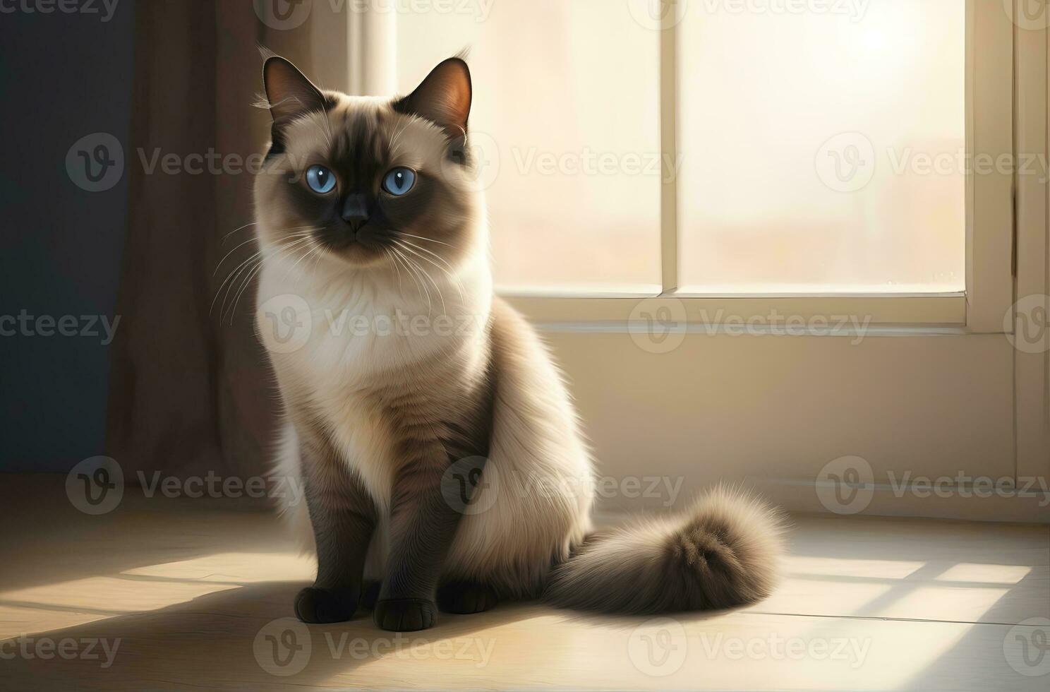 AI generated image of a cute cat seated on a windowsill photo