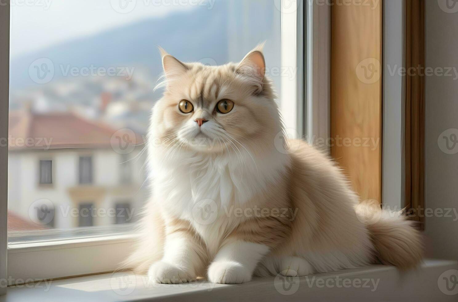 AI generated image of a cute cat seated on a windowsill photo