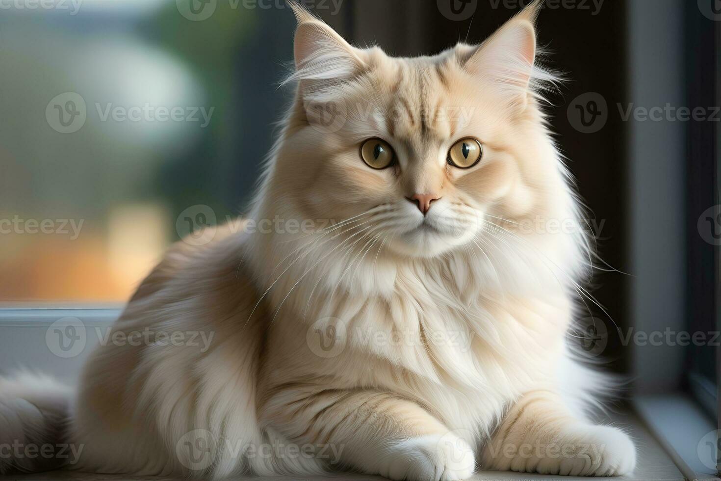 AI generated image of a cute cat seated on a windowsill photo
