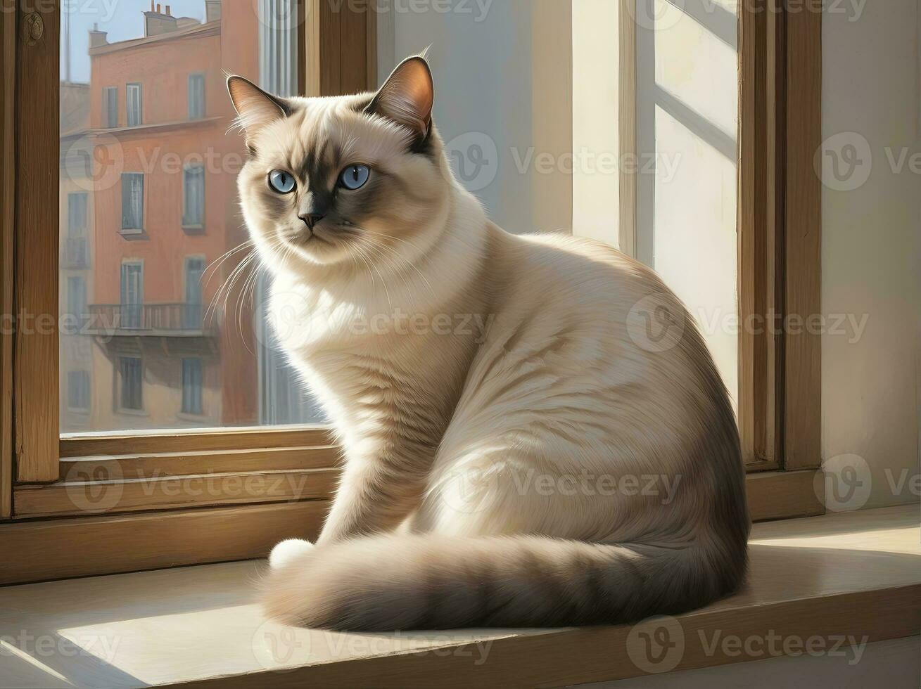 AI generated image of a cute cat seated on a windowsill photo