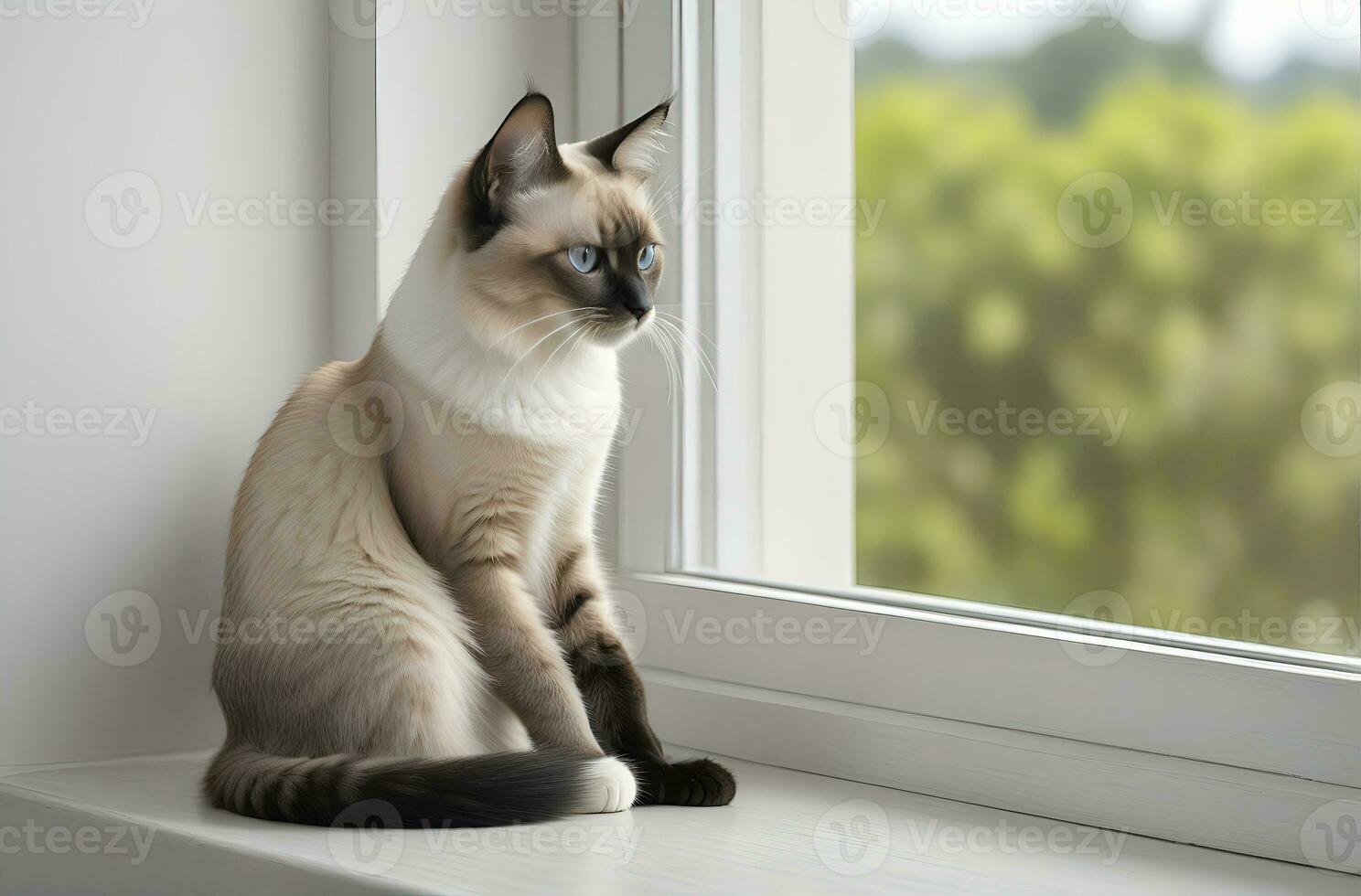 AI generated image of a cute cat seated on a windowsill photo